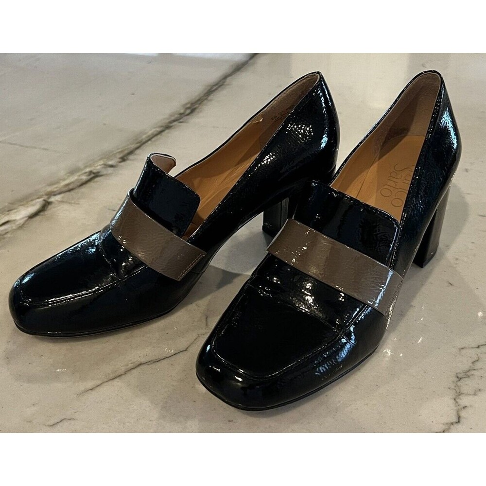 Franco Sarto Black Patent Loafers with Taupe Strap